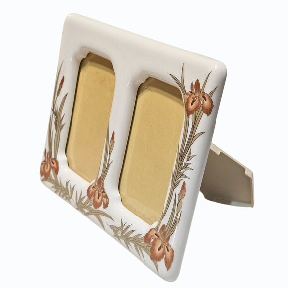 Vtg Picture Frame Porcelain Orchid Orange Floral Metallic Copper Accents Japan - Picture 2 of 10